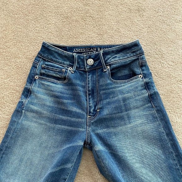 American Eagle Super Stretch 00R Festival Crop Wide Leg Jeans Raw Fringe Hems - Picture 3 of 9